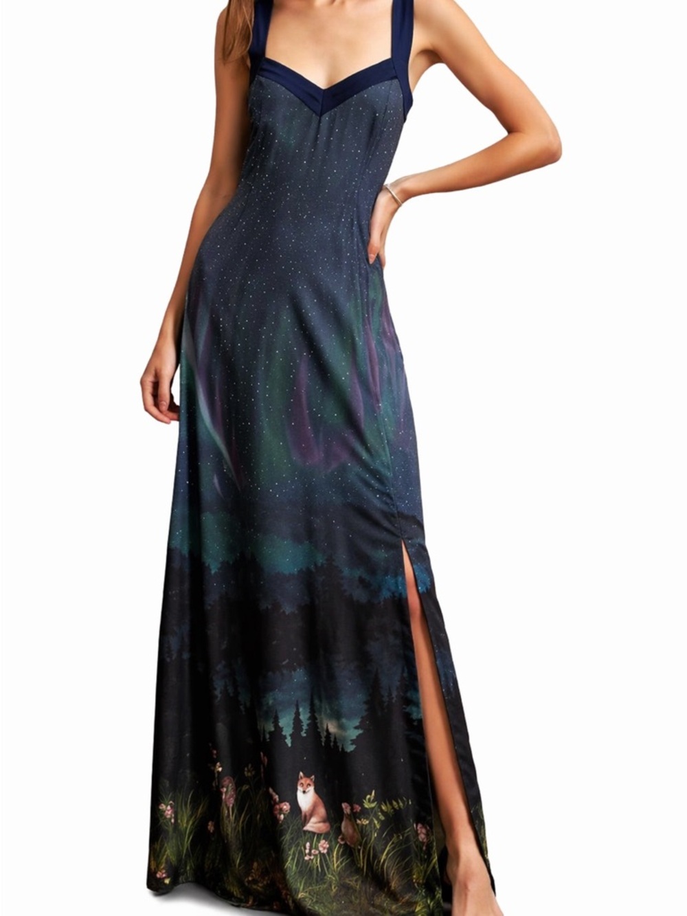 Elegant Galaxy Print Maxi Dress with Slit – Size L